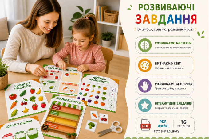Посібник PDF «Фрукти та овочі: сортування по кольорам»